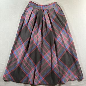 Vintage Albee Plaid Wool Tweed Pleated Midi Skirt Black Red Blue High Rise